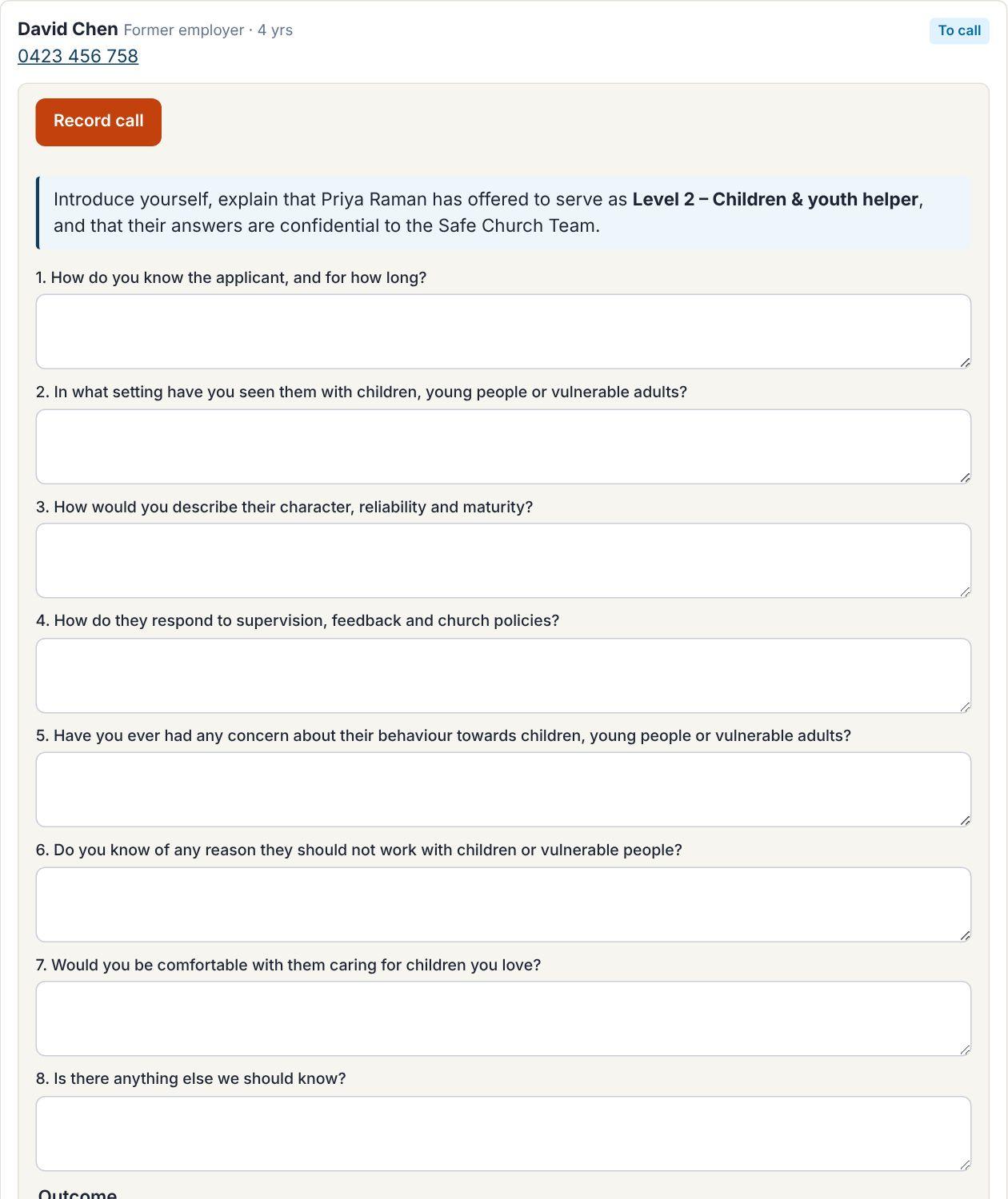 The reference call guide form