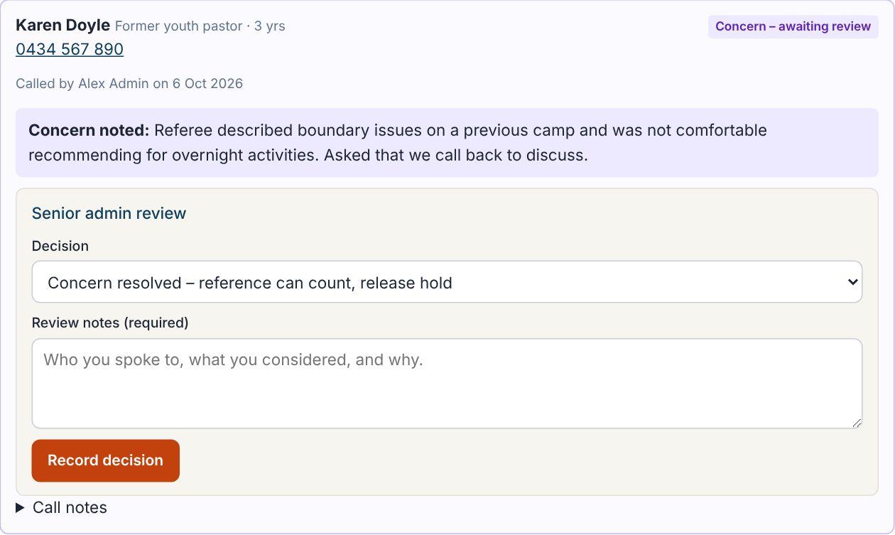 A senior admin reviewing a reference concern