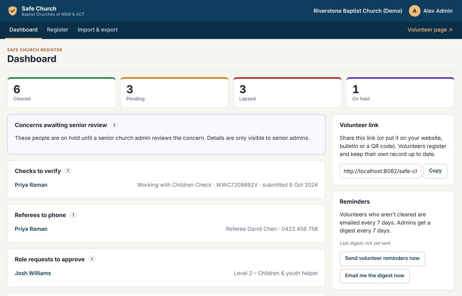 The church dashboard showing counts of cleared, pending, lapsed and on-hold volunteers, and lists of checks to verify and referees to phone