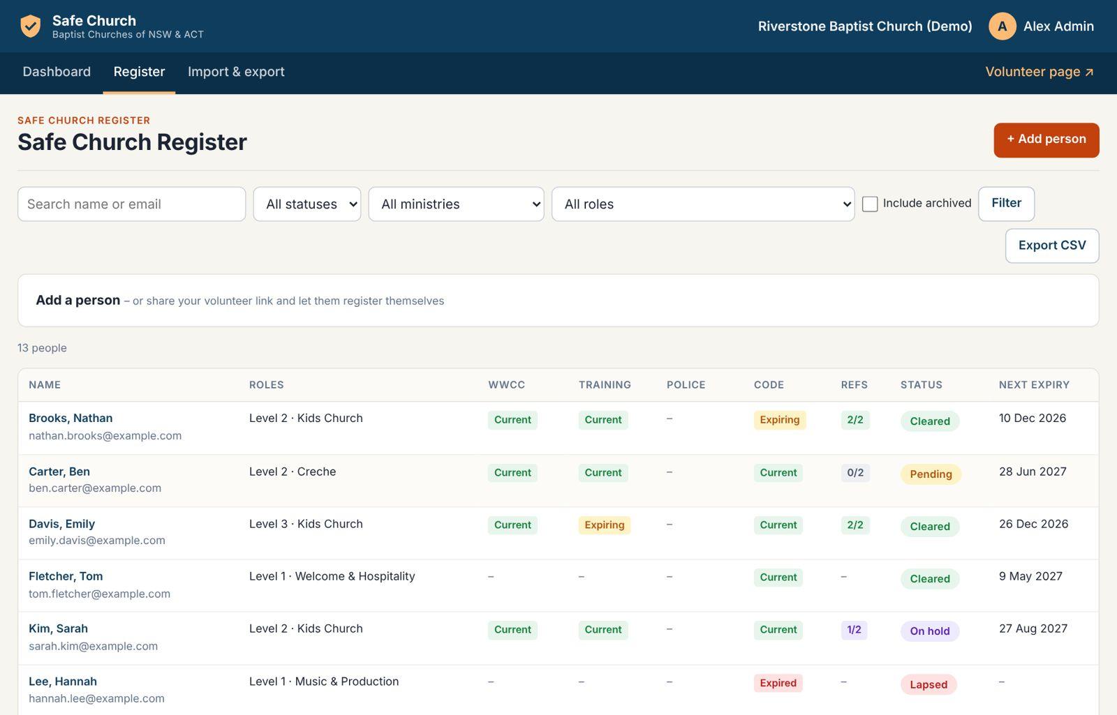 The register with status columns