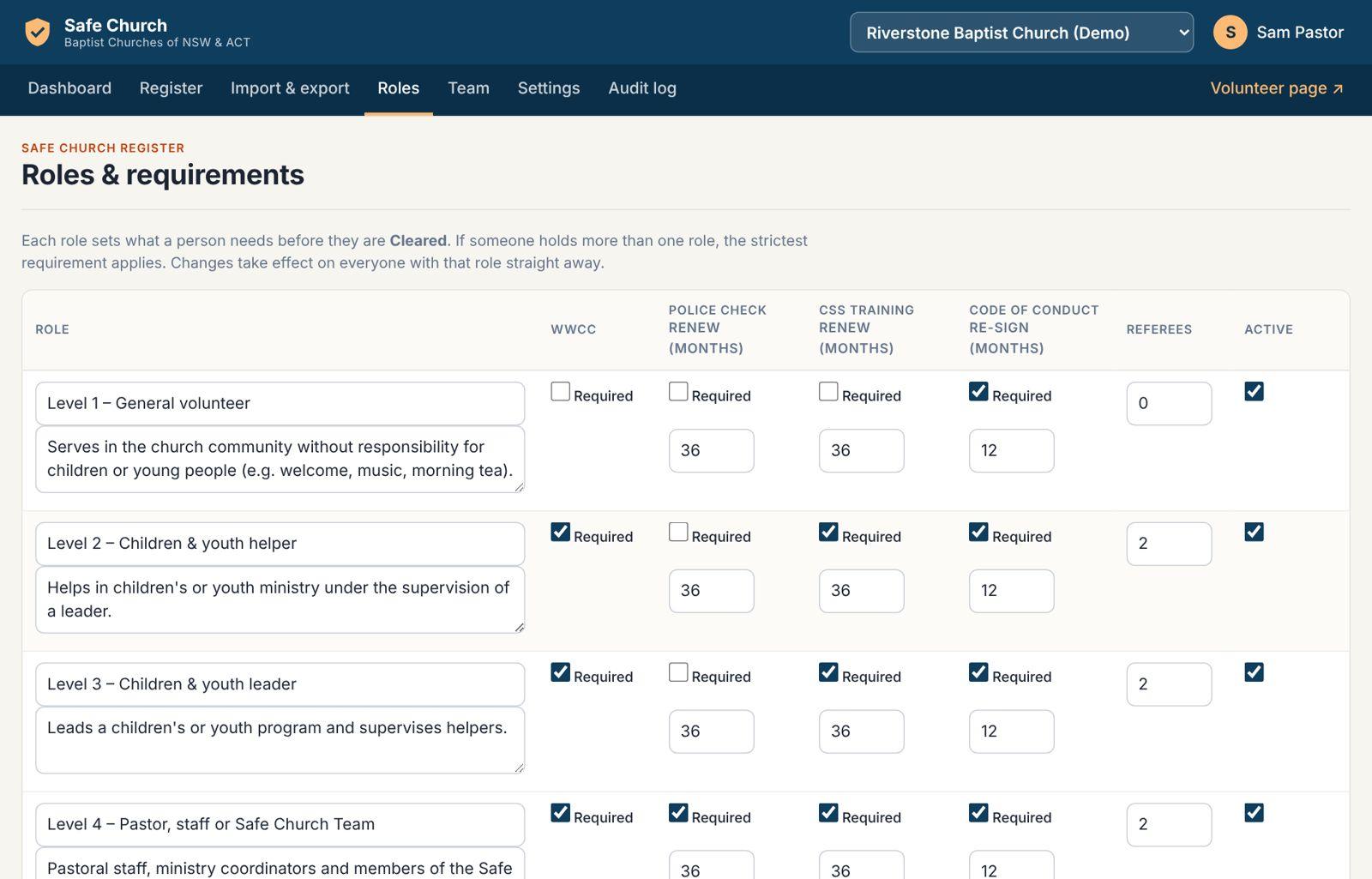 Roles and requirements screen