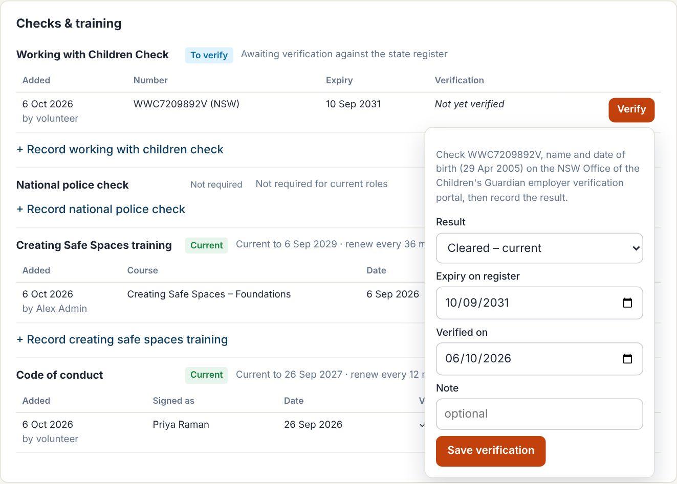 Recording the result of a Working with Children Check verification