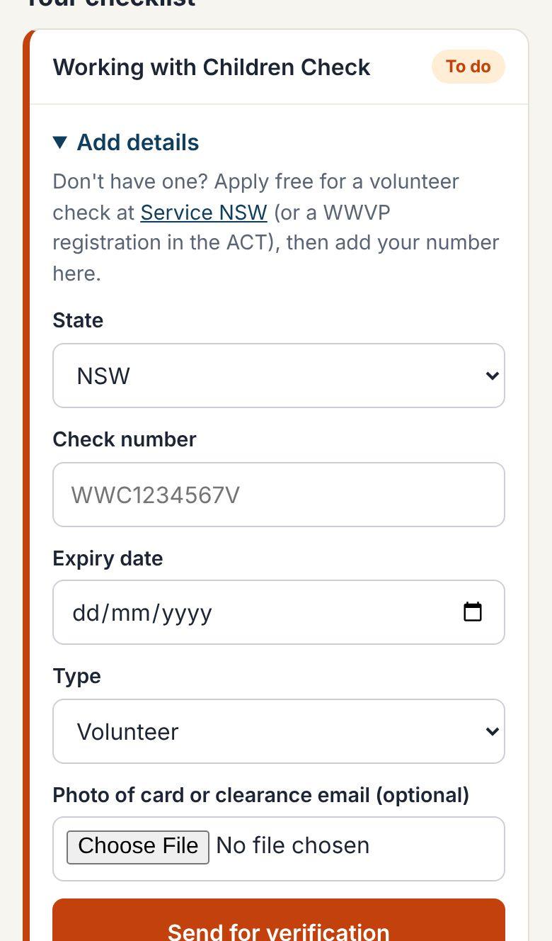 Adding a Working with Children Check on a phone